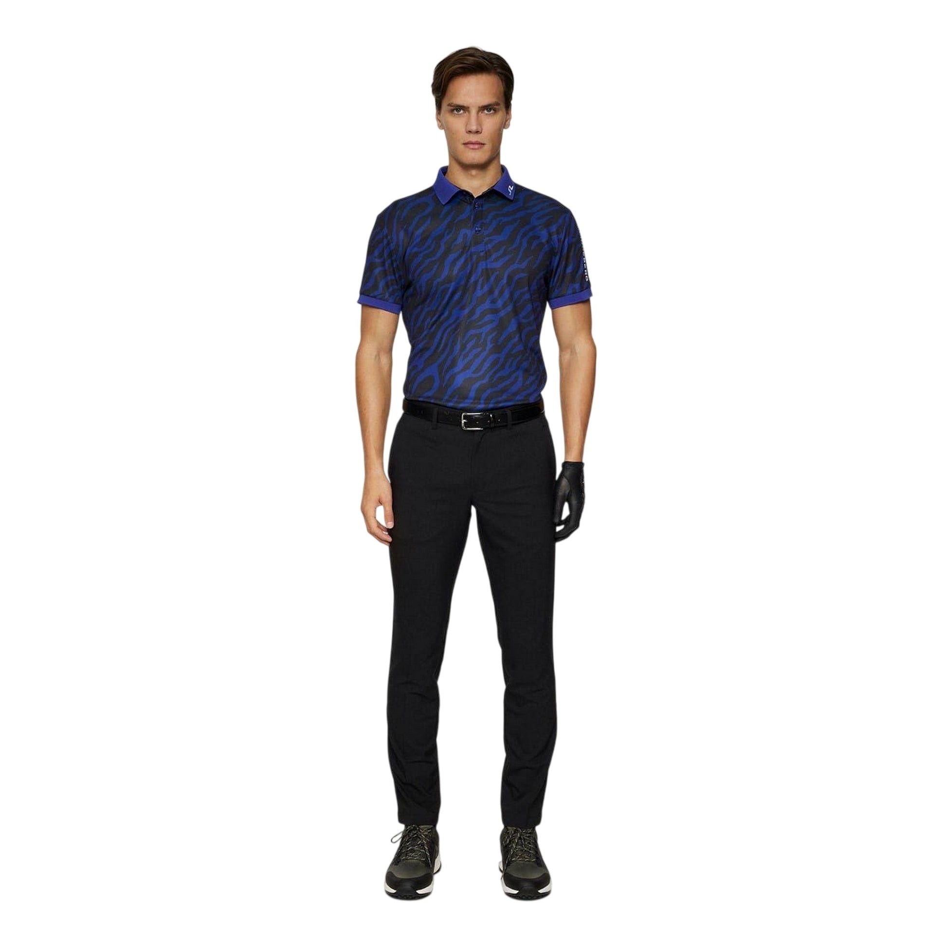 Navy-Black - Pack Shot - J.Lindeberg Mens Tour Tech Zebra Print Polo Shirt