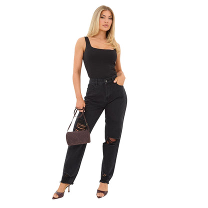 Black - Lifestyle - I Saw It First Womens-Ladies Cotton Denim Mom Jeans