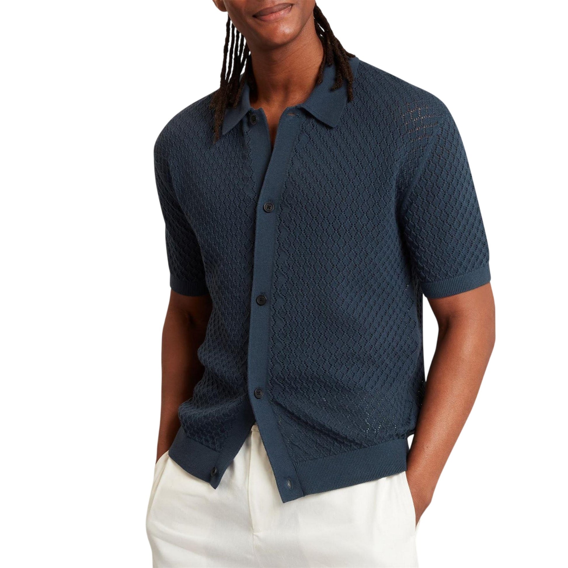 Mid Navy - Side - Ted Baker Mens Crochet Short-Sleeved Shirt