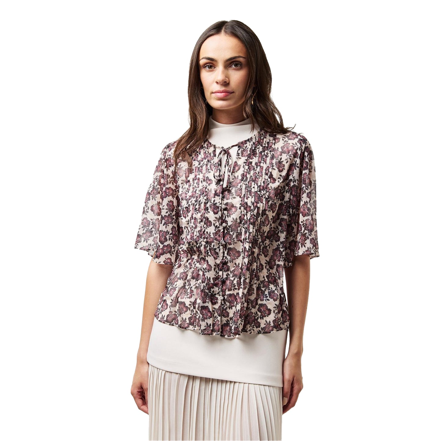 Blush Pink - Side - French Connection Womens-Ladies Elysian Floral Tie Neck Puff Sleeve Blouse