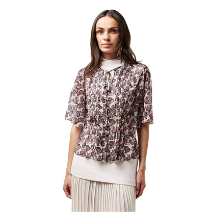 Blush Pink - Side - French Connection Womens-Ladies Elysian Floral Tie Neck Puff Sleeve Blouse