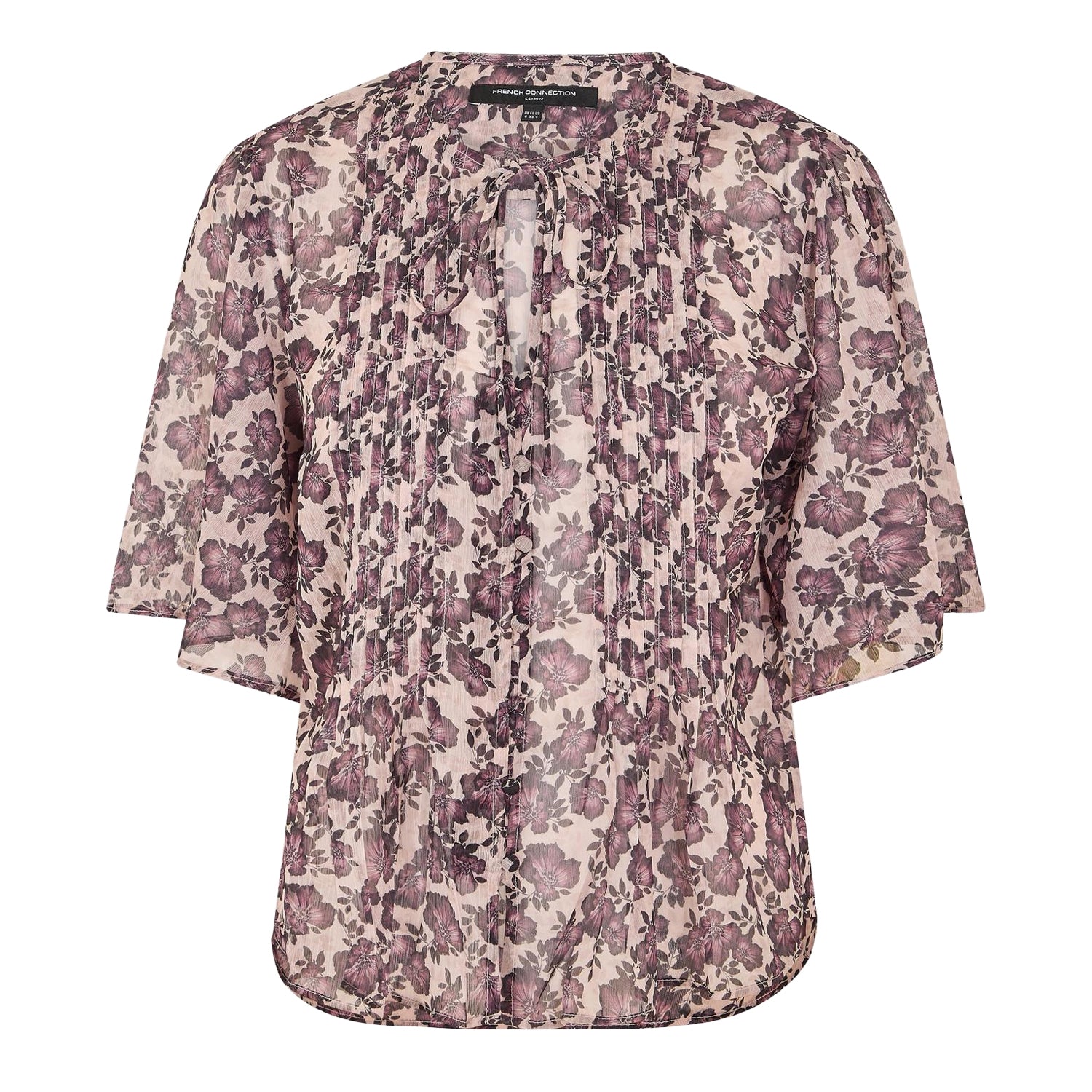 Blush Pink - Front - French Connection Womens-Ladies Elysian Floral Tie Neck Puff Sleeve Blouse