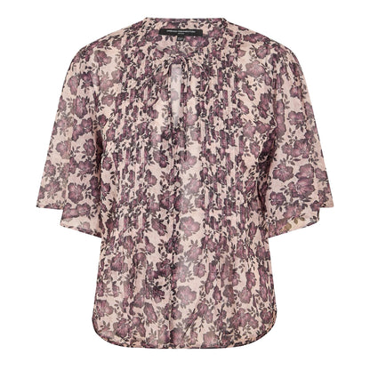 Blush Pink - Front - French Connection Womens-Ladies Elysian Floral Tie Neck Puff Sleeve Blouse