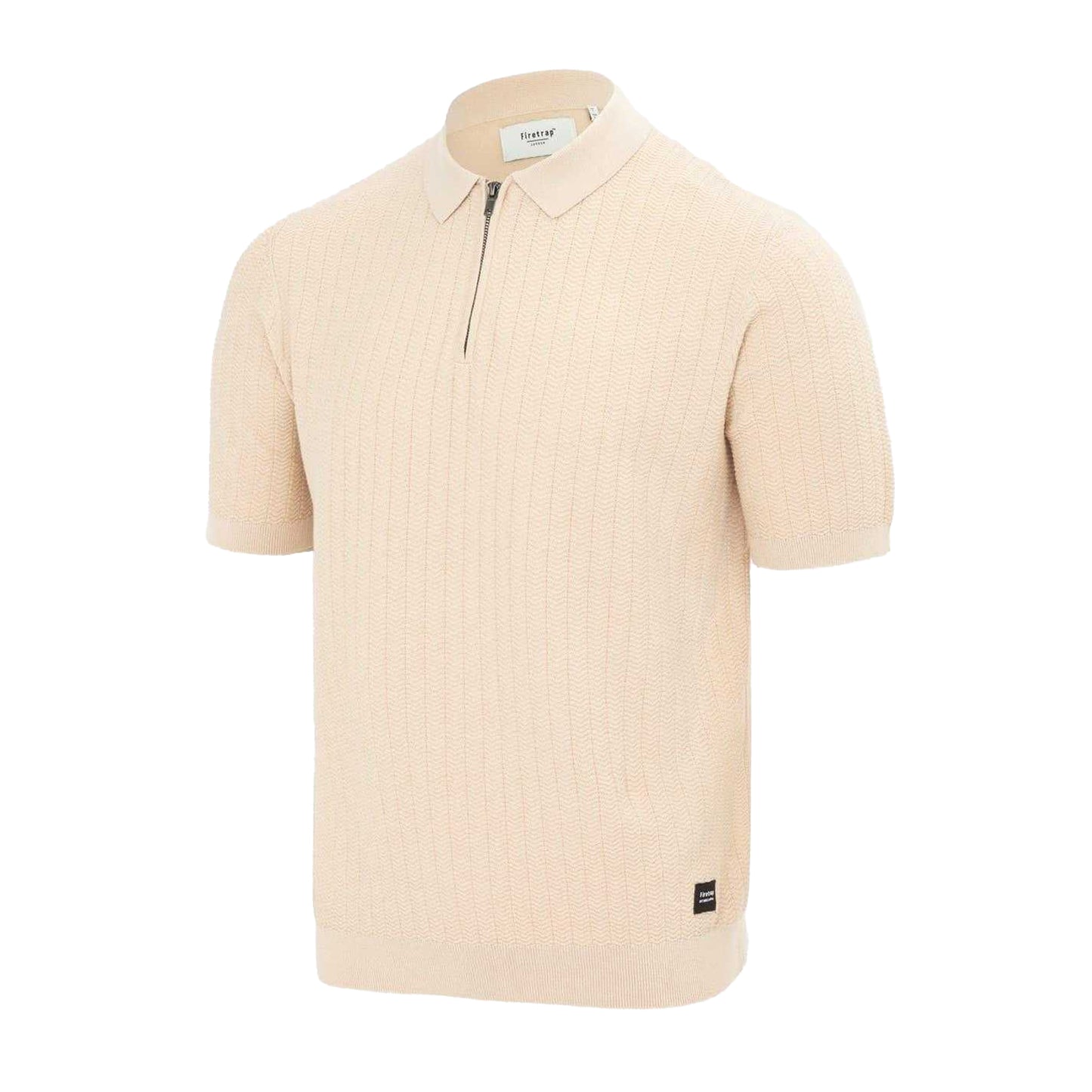 Beige - Side - Firetrap Mens Knitted Ribbed Quarter Zip Short-Sleeved Polo Shirt