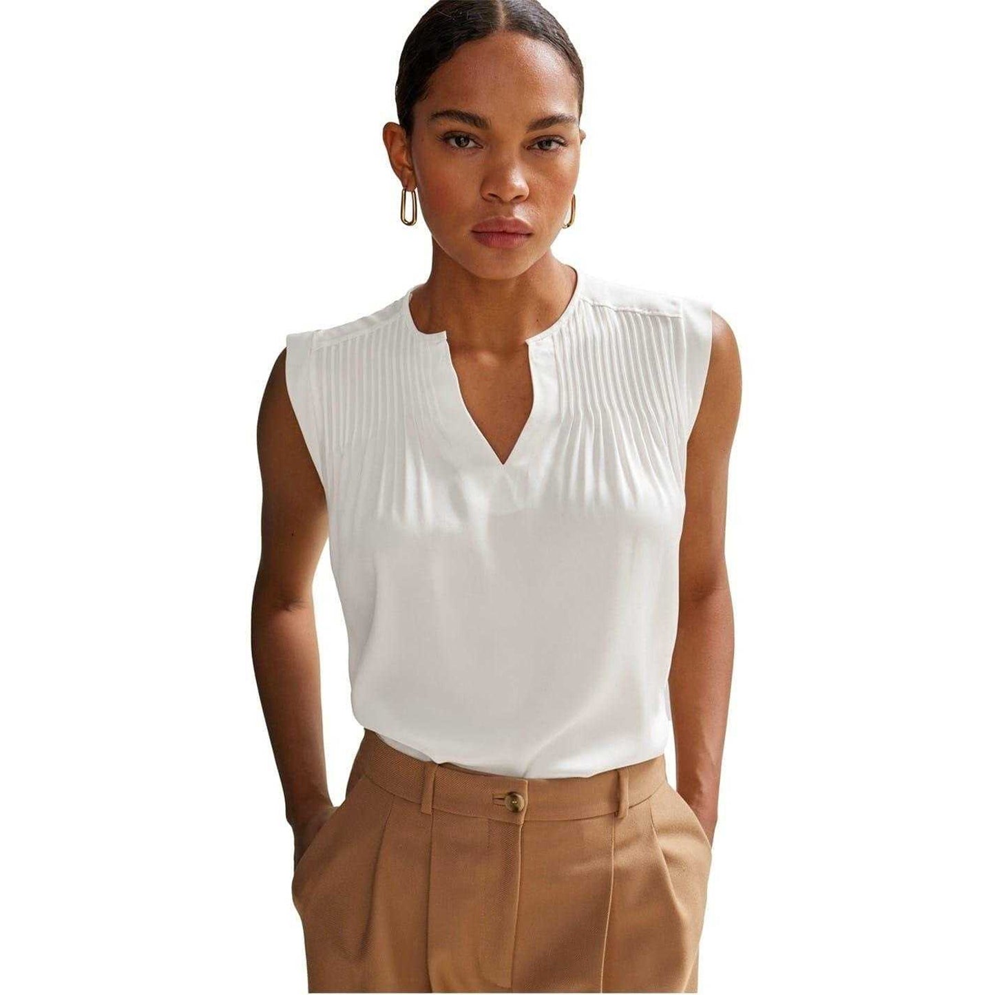 White - Lifestyle - Boss Womens-Ladies Pintuck Notch Neck Regular Blouse