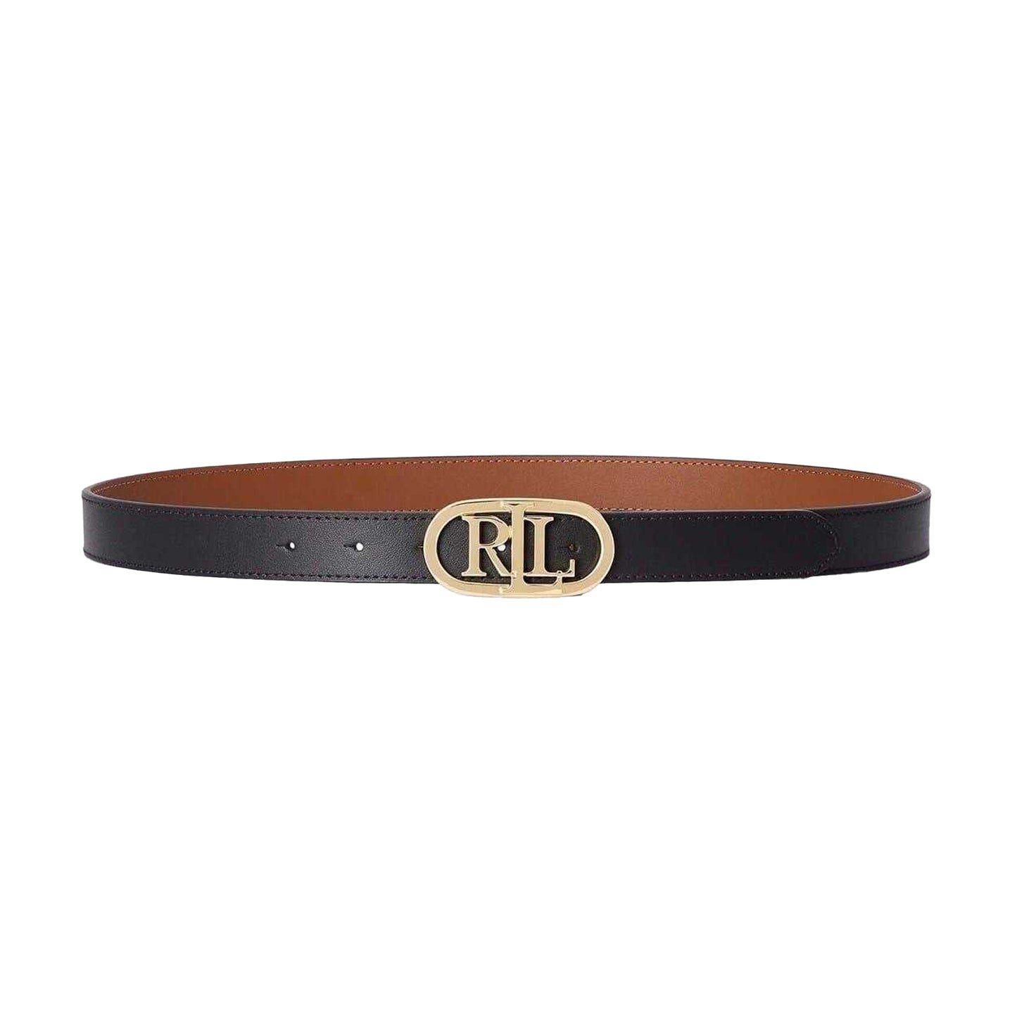 Black-Tan - Side - Ralph Lauren Womens-Ladies Logo Leather Reversible Belt
