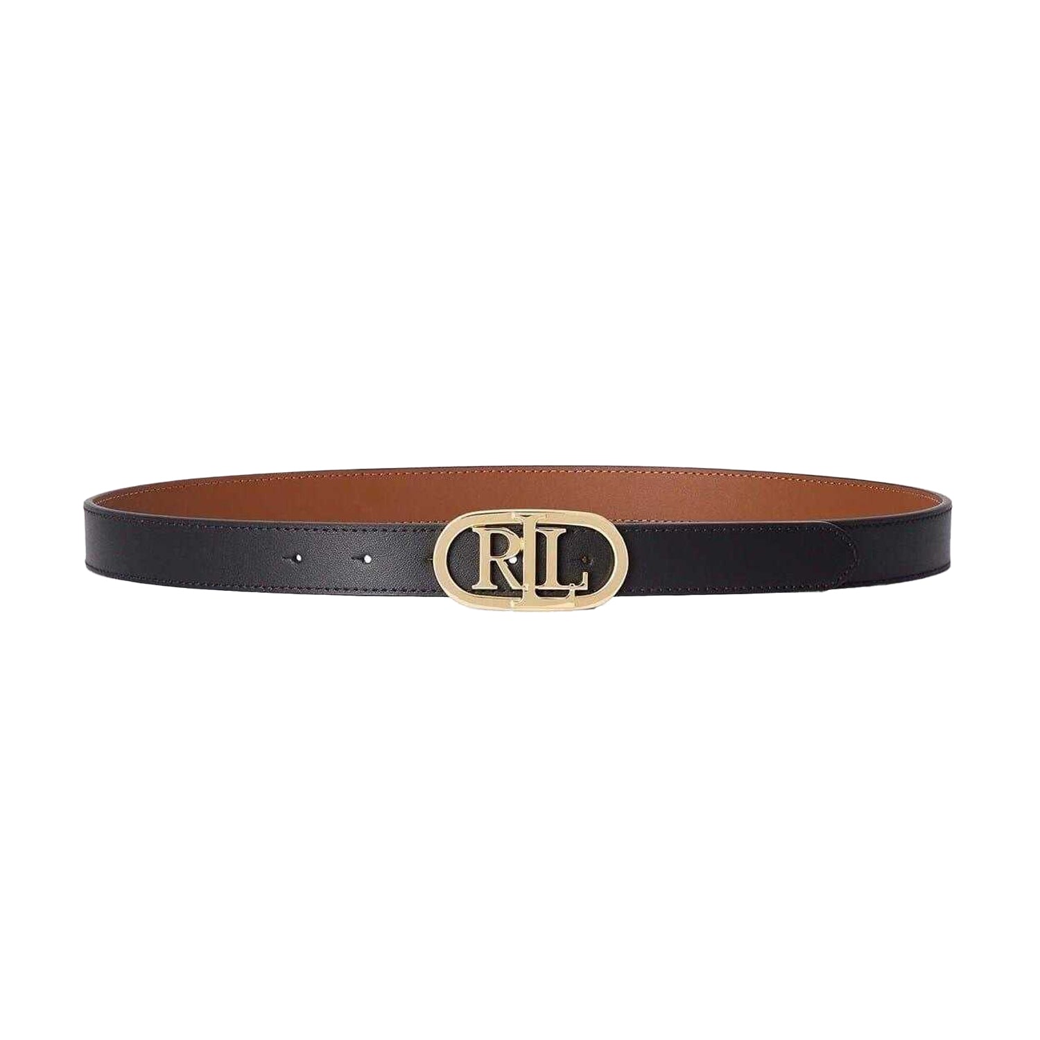 Black-Tan - Side - Ralph Lauren Womens-Ladies Logo Leather Reversible Belt