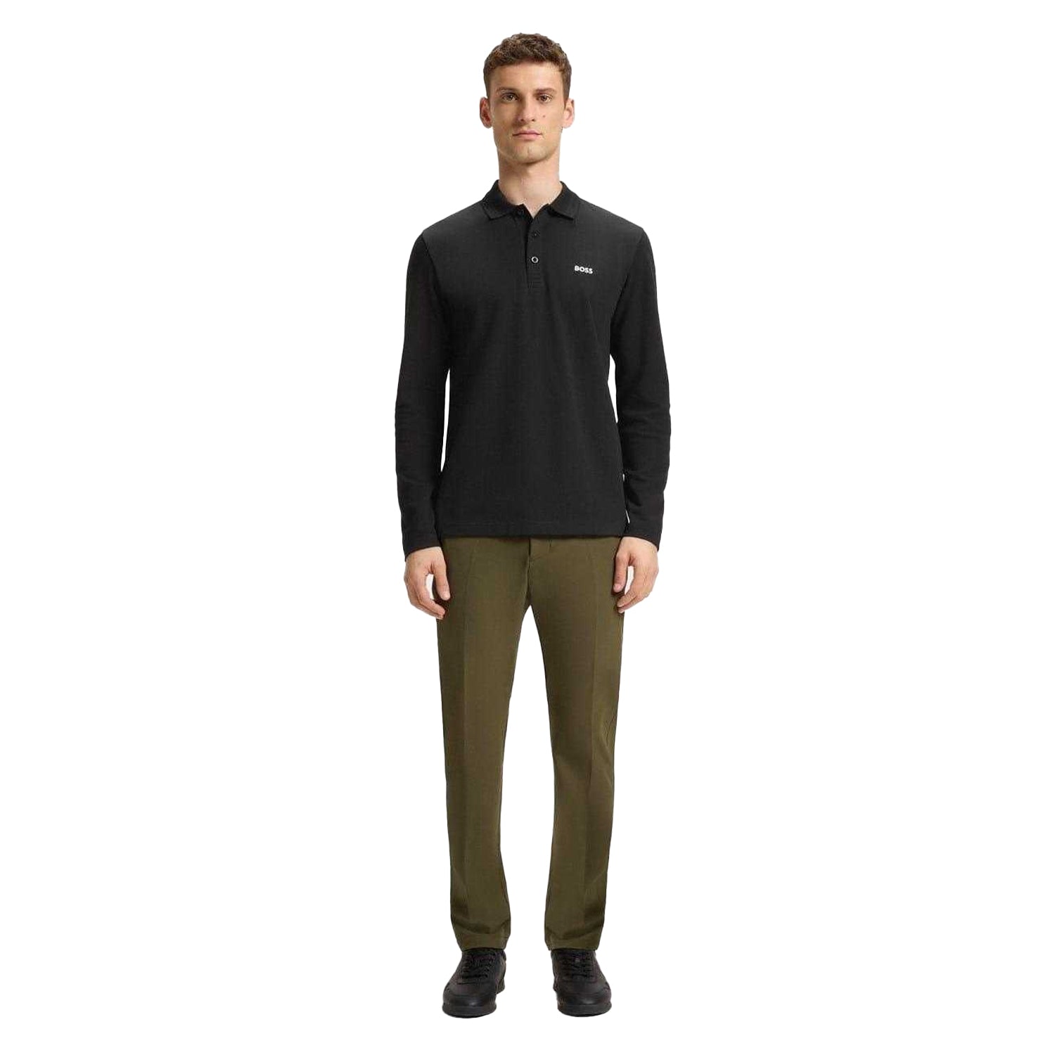 Black - Pack Shot - Boss Mens Plisy Long-Sleeved Polo Shirt