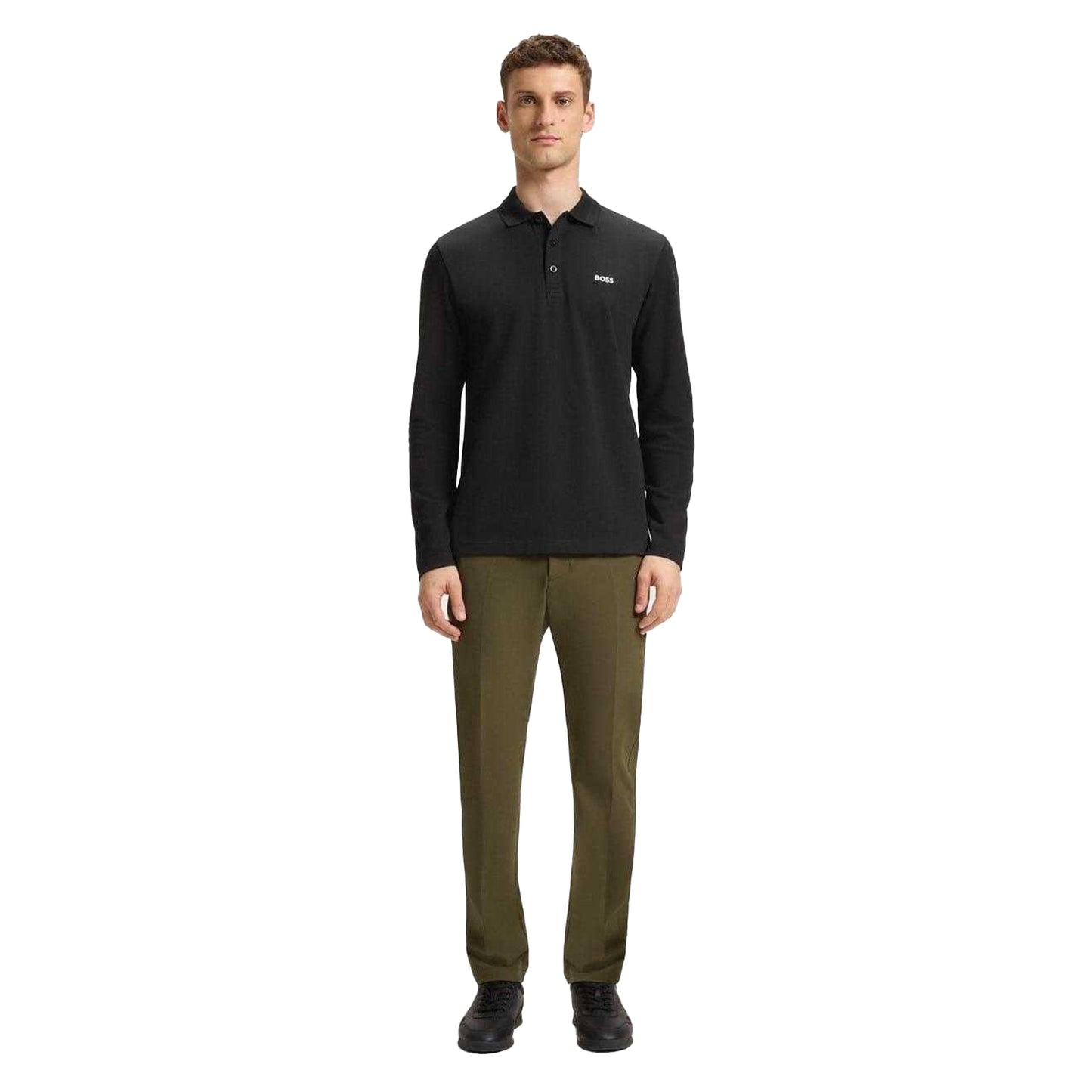 Black - Pack Shot - Boss Mens Plisy Long-Sleeved Polo Shirt