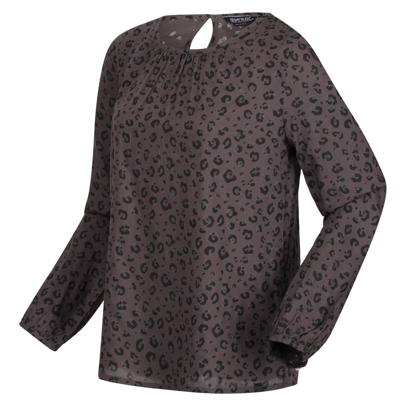 Black - Side - Regatta Womens-Ladies Hadria Leopard Print Keyhole Long-Sleeved Blouse