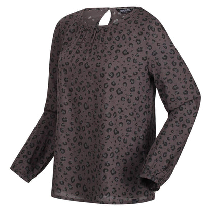 Black - Side - Regatta Womens-Ladies Hadria Leopard Print Keyhole Long-Sleeved Blouse