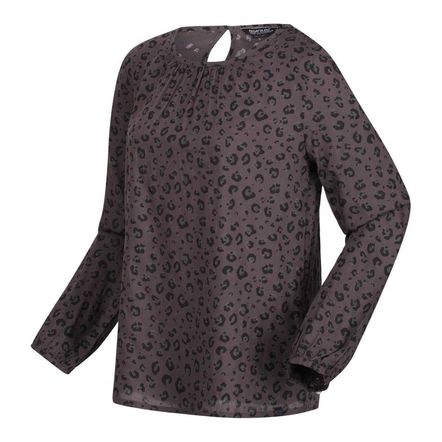 Black - Side - Regatta Womens-Ladies Hadria Leopard Print Keyhole Long-Sleeved Blouse