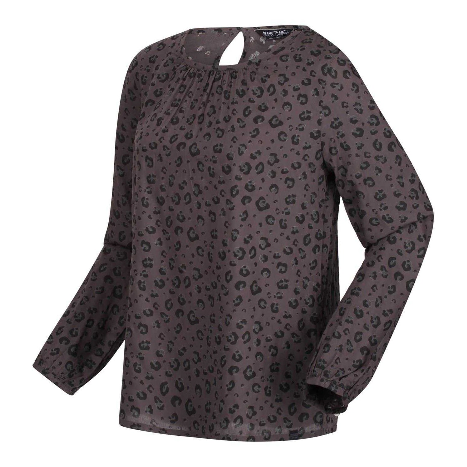 Black - Side - Regatta Womens-Ladies Hadria Leopard Print Keyhole Long-Sleeved Blouse
