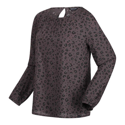 Black - Side - Regatta Womens-Ladies Hadria Leopard Print Keyhole Long-Sleeved Blouse
