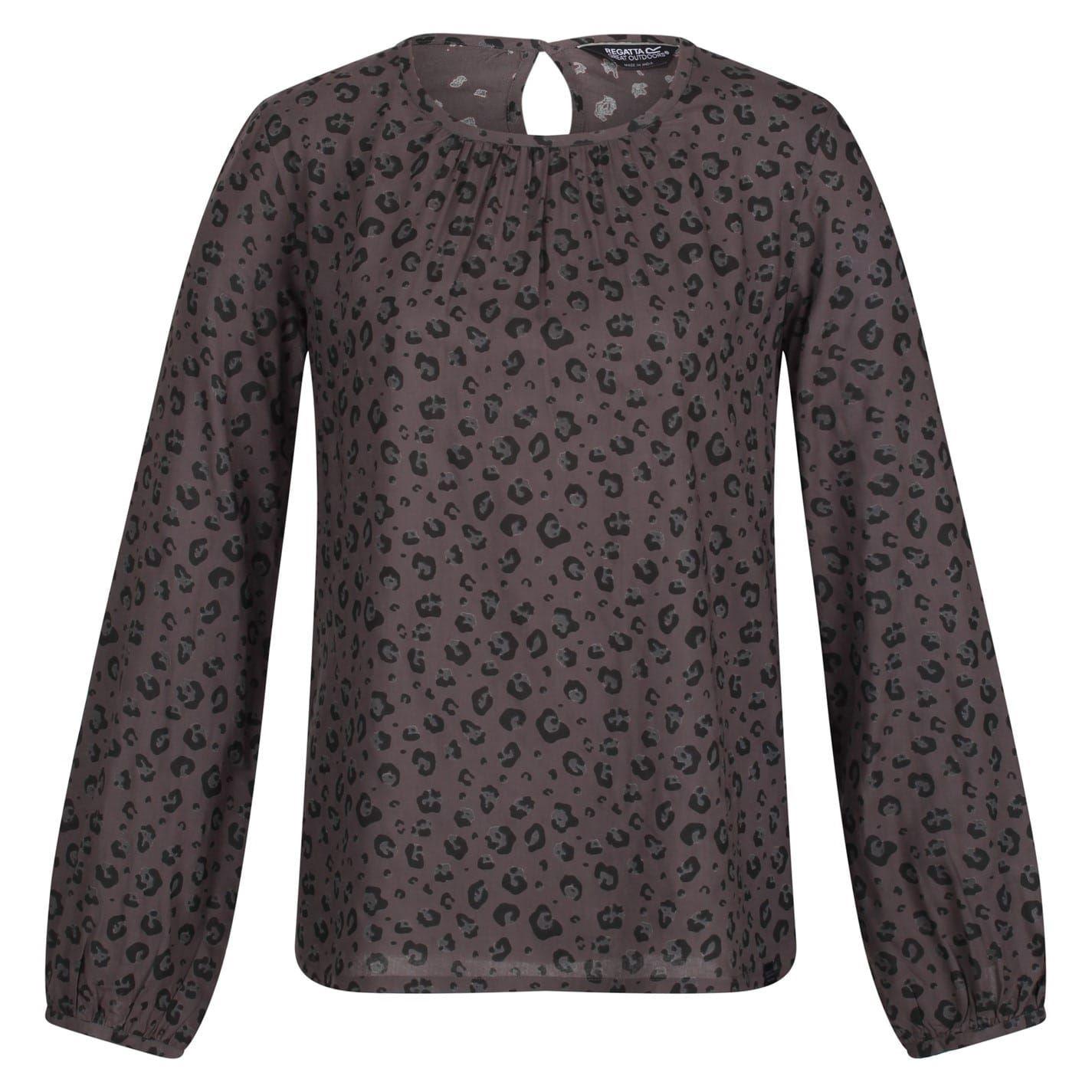 Black - Front - Regatta Womens-Ladies Hadria Leopard Print Keyhole Long-Sleeved Blouse