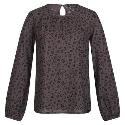 Black - Front - Regatta Womens-Ladies Hadria Leopard Print Keyhole Long-Sleeved Blouse