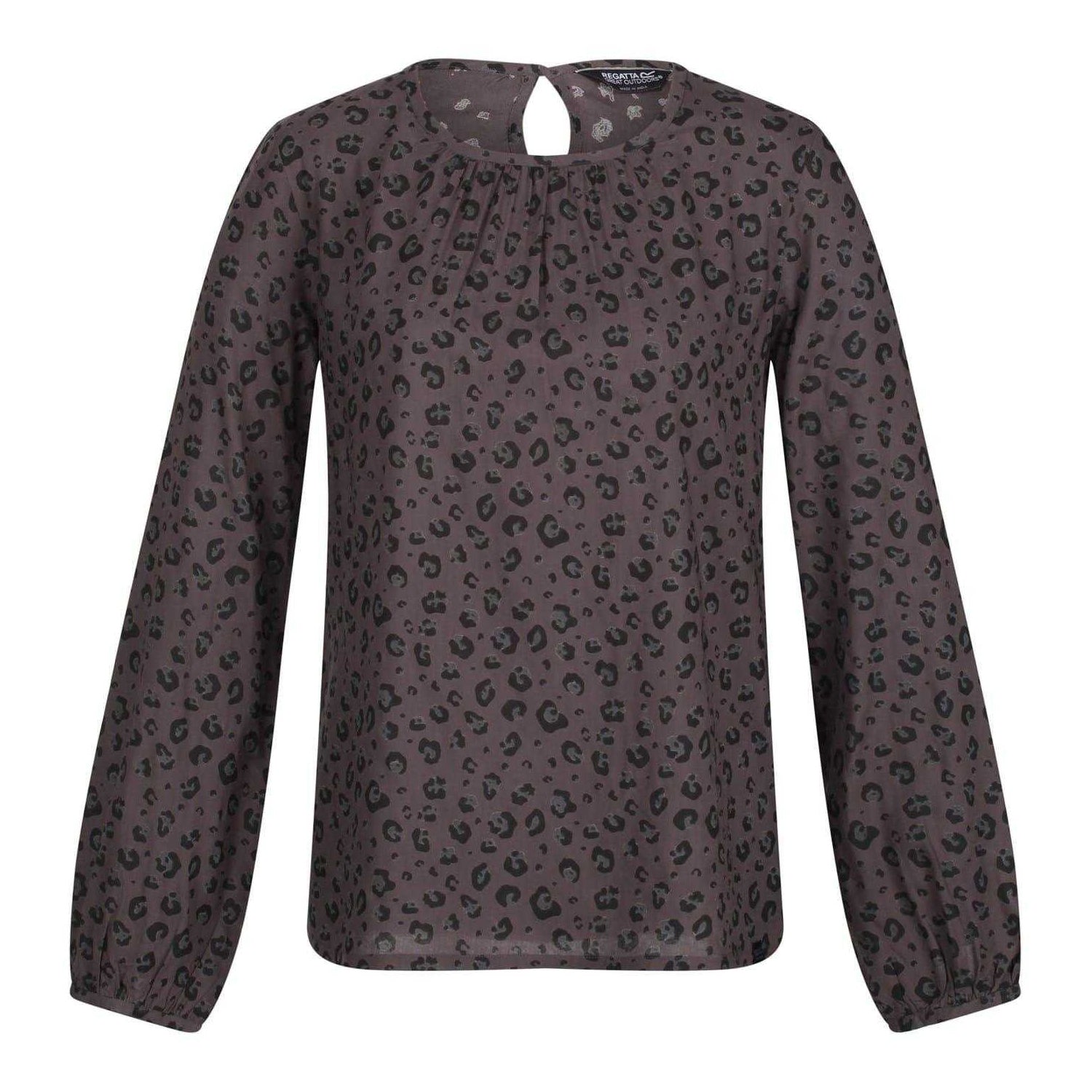 Black - Front - Regatta Womens-Ladies Hadria Leopard Print Keyhole Long-Sleeved Blouse