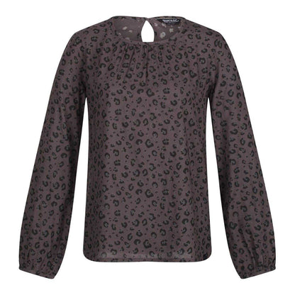 Black - Front - Regatta Womens-Ladies Hadria Leopard Print Keyhole Long-Sleeved Blouse
