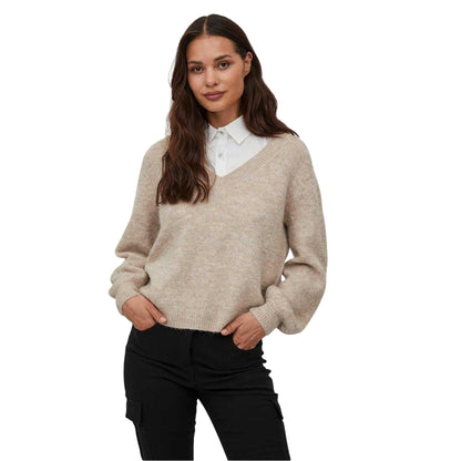 Natural Melange - Side - Vila Womens-Ladies Jamina V Neck Relaxed Fit Jumper