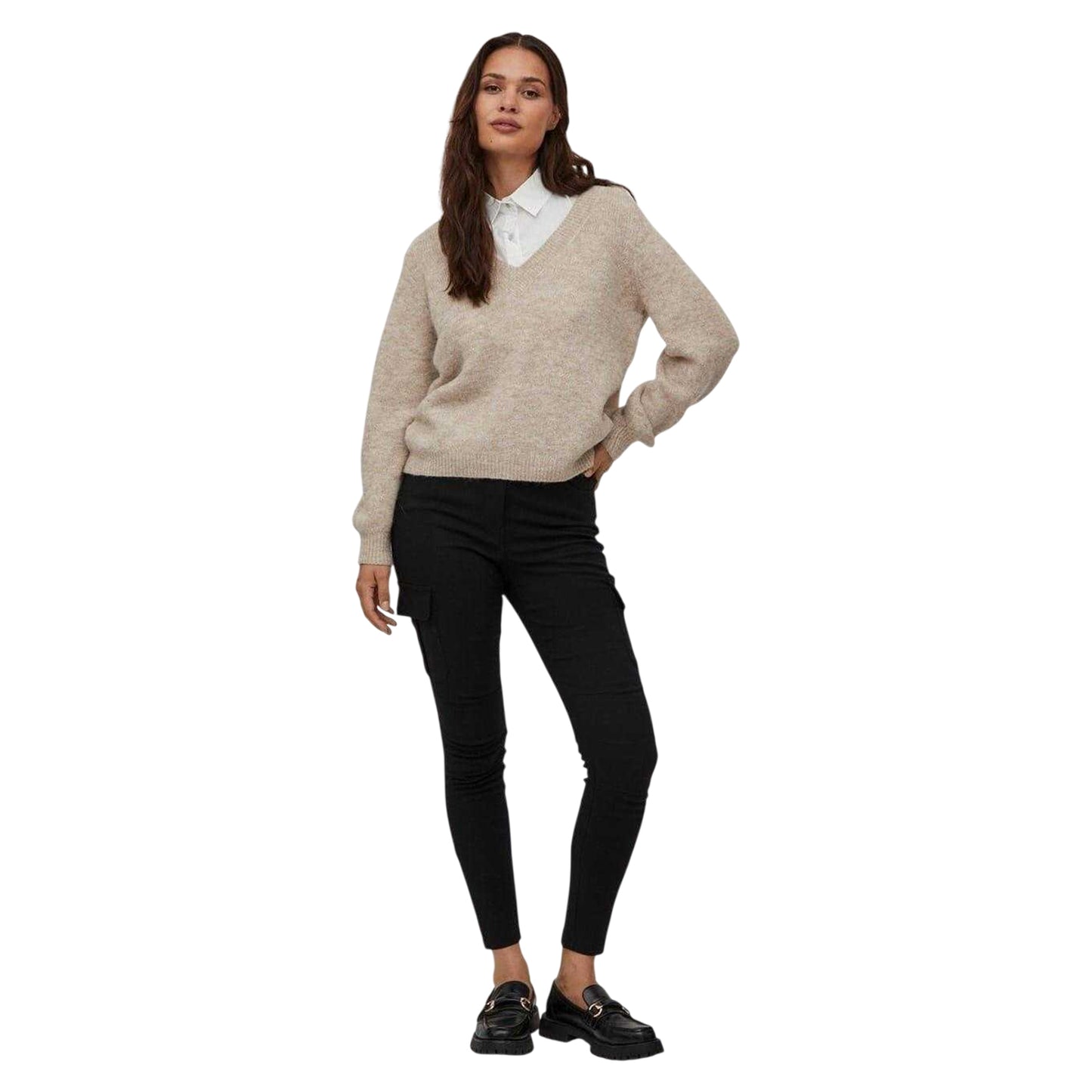 Natural Melange - Pack Shot - Vila Womens-Ladies Jamina V Neck Relaxed Fit Jumper