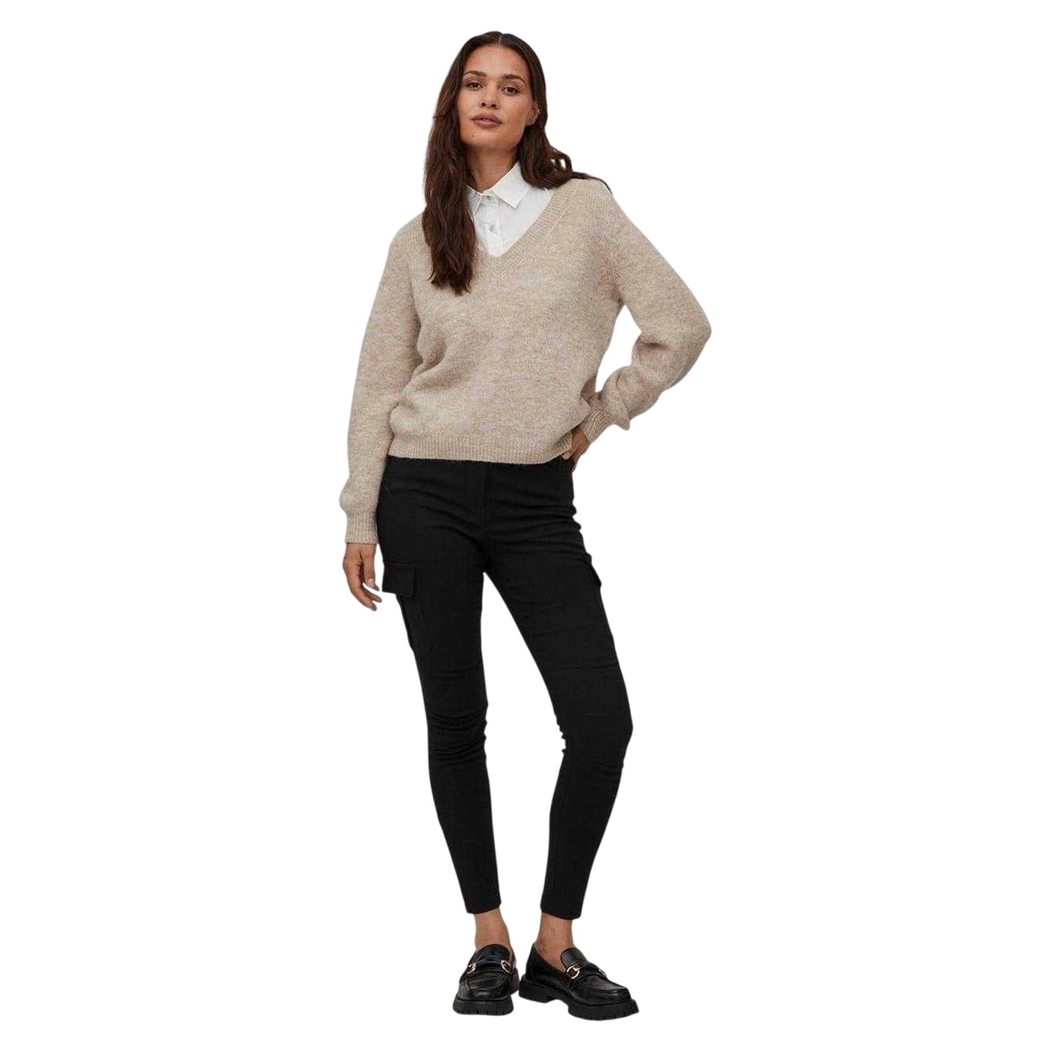 Natural Melange - Pack Shot - Vila Womens-Ladies Jamina V Neck Relaxed Fit Jumper