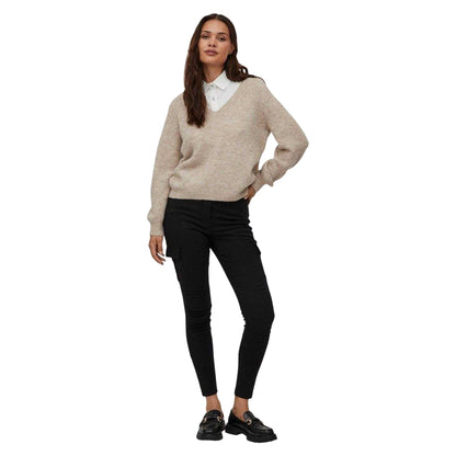 Natural Melange - Pack Shot - Vila Womens-Ladies Jamina V Neck Relaxed Fit Jumper