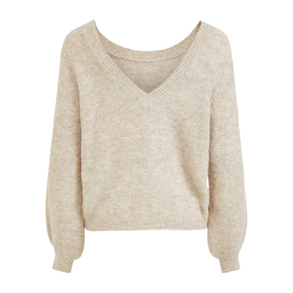 Natural Melange - Front - Vila Womens-Ladies Jamina V Neck Relaxed Fit Jumper
