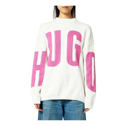 Natural - Side - Hugo Womens-Ladies Crew Neck Relaxed Fit Long-Sleeved Jumper