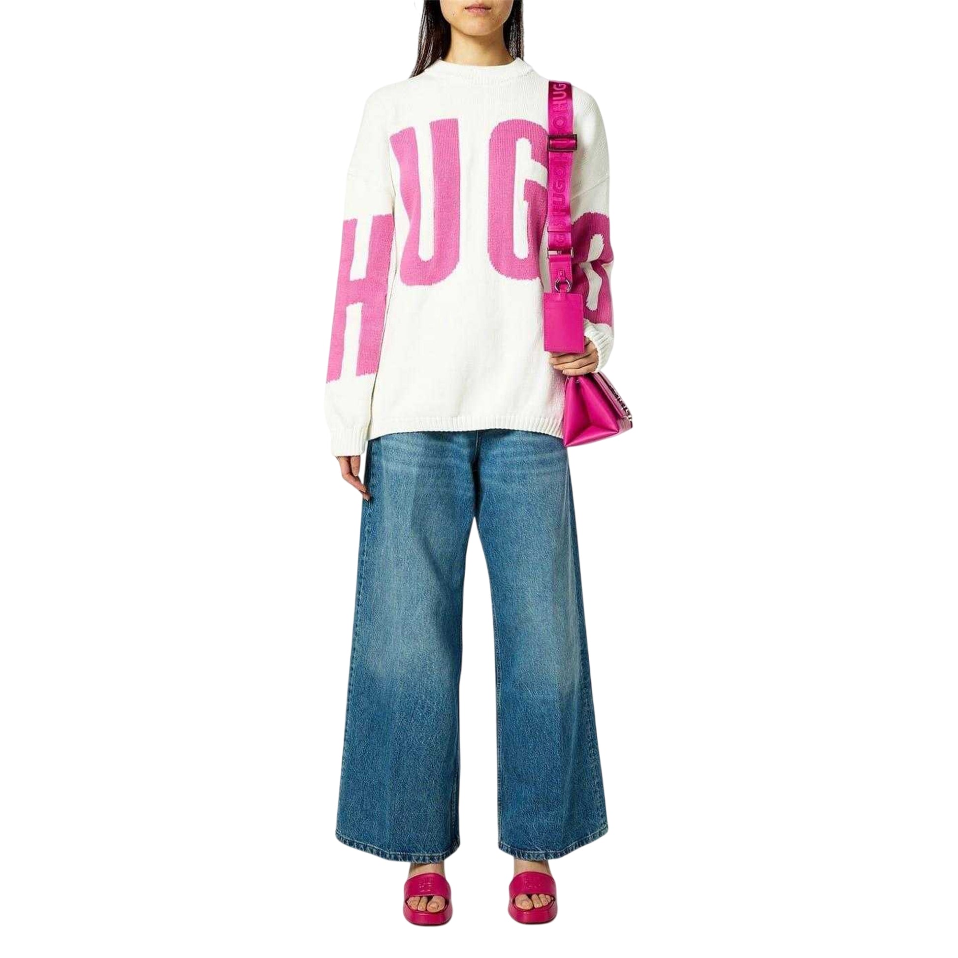 Natural - Lifestyle - Hugo Womens-Ladies Crew Neck Relaxed Fit Long-Sleeved Jumper