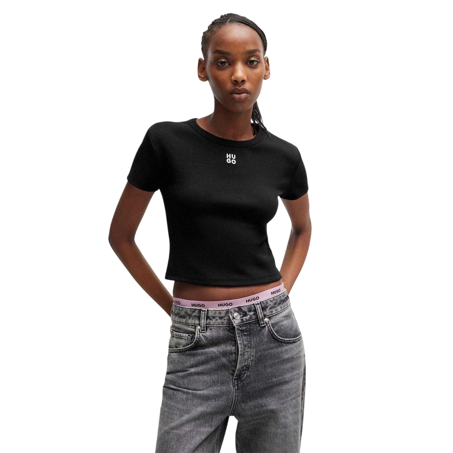 Black - Side - Hugo Womens-Ladies Delanor Crop Top