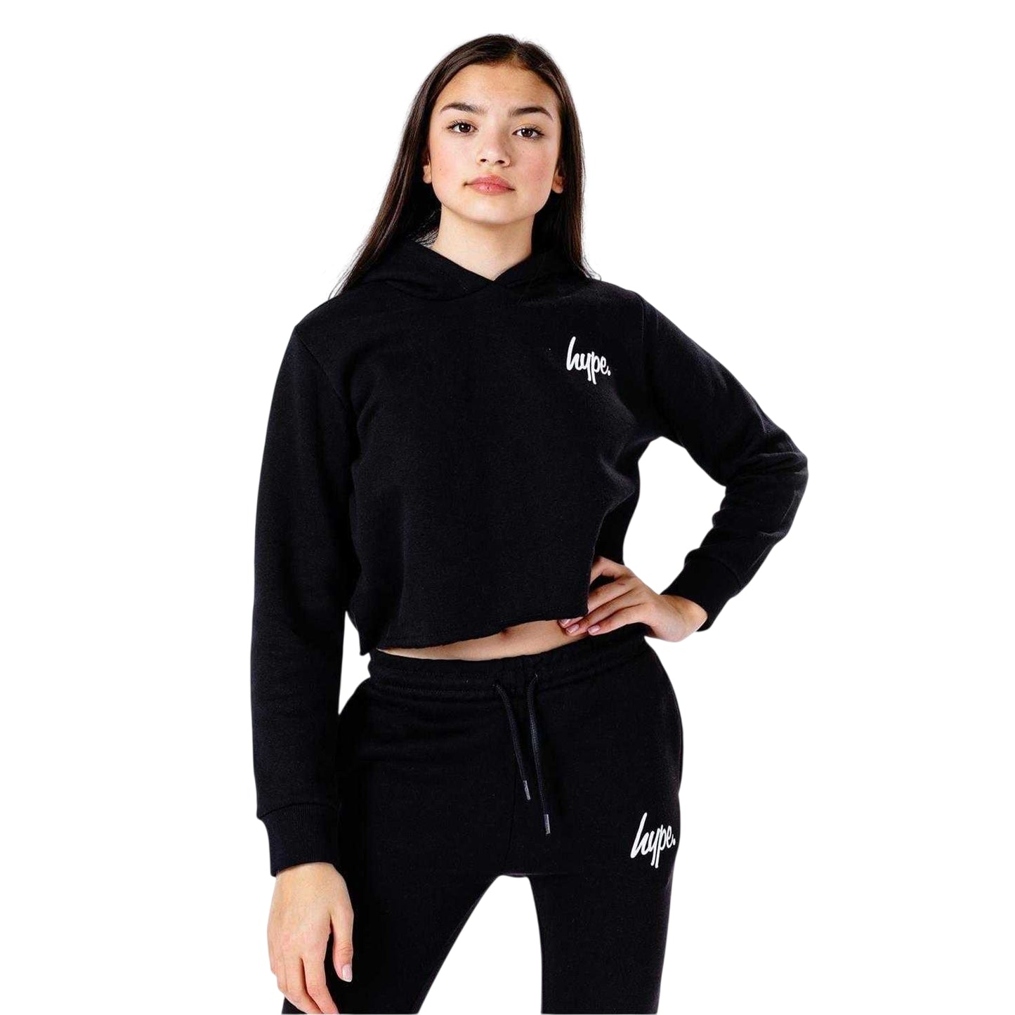 Black - Side - Hype Womens-Ladies Script Cropped Hoodie And Joggers Set