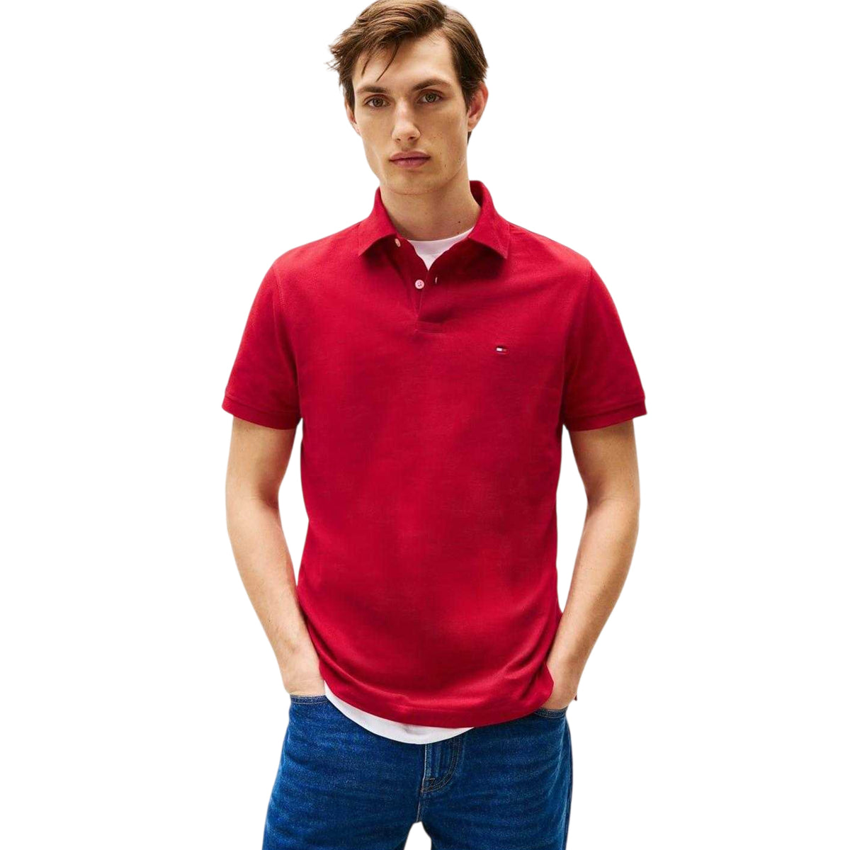 Red - Side - Tommy Hilfiger Mens 1985 Embroidered Logo Polo Shirt