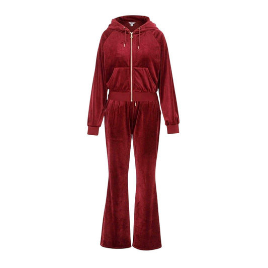 Burgundy - Front - Miso Womens-Ladies Velour Raglan Long-Sleeved Tracksuit Set