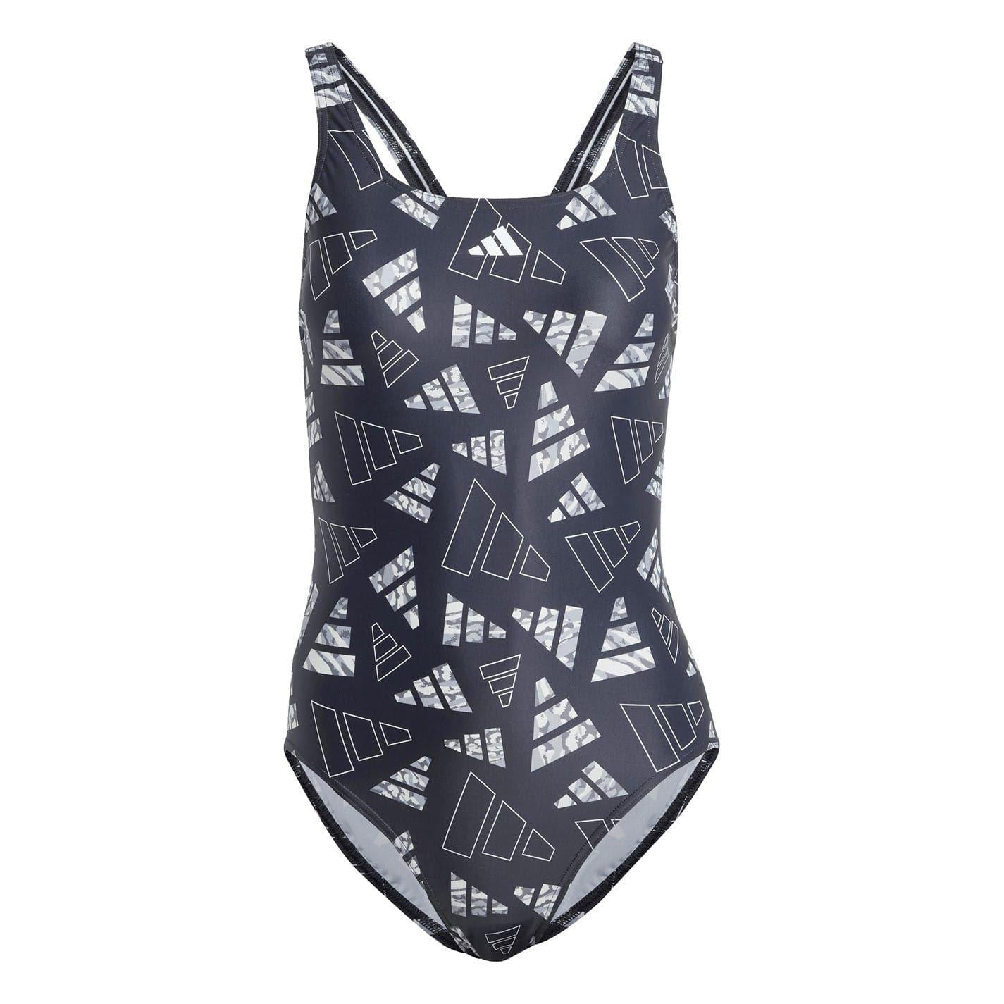 Black - Front - Adidas Womens-Ladies Bar Logo One Piece Swimsuit