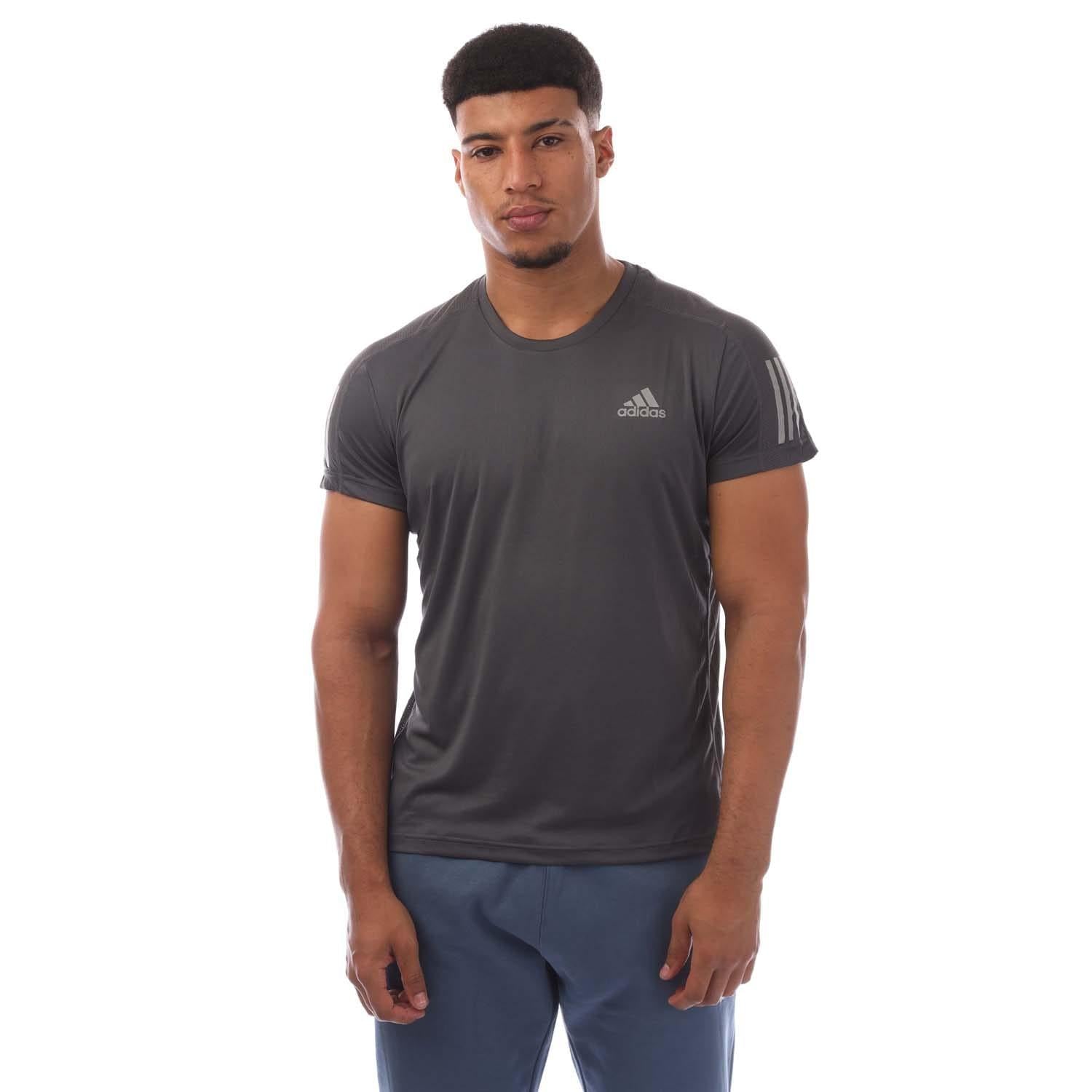 Grey - Front - Adidas Mens Own The Run Stripe T-Shirt