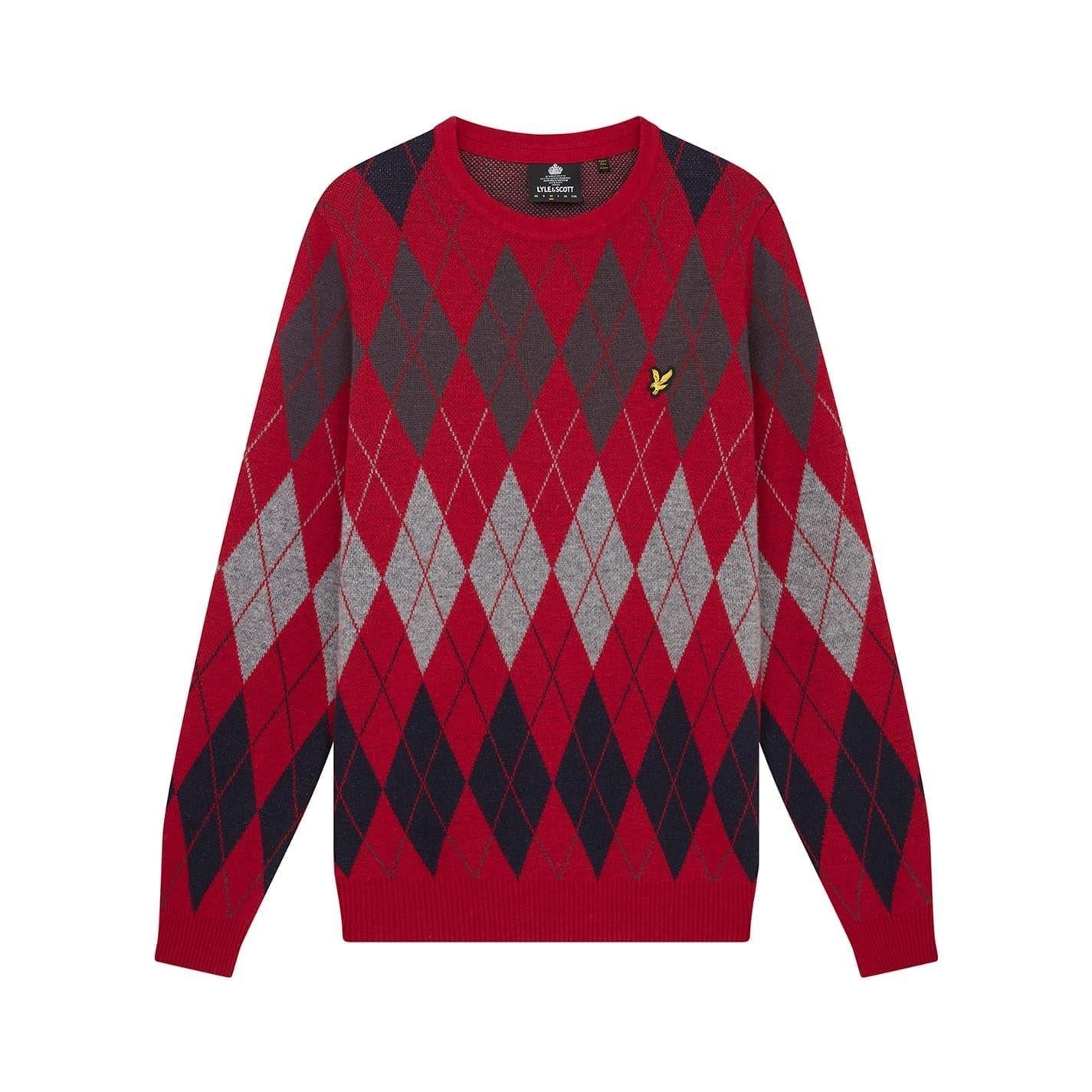 Red - Front - Lyle & Scott Mens Argyle Knitted Crew Neck Jumper