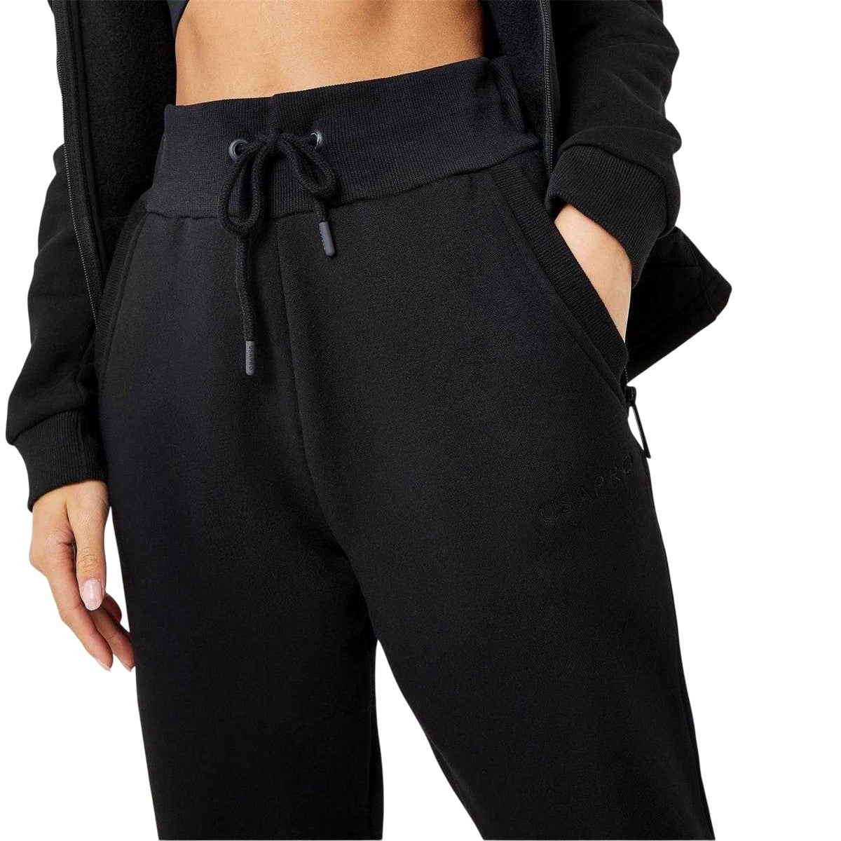 Black - Side - USA Womens-Ladies Cotton Blend Adjustable Waist Classic Joggers