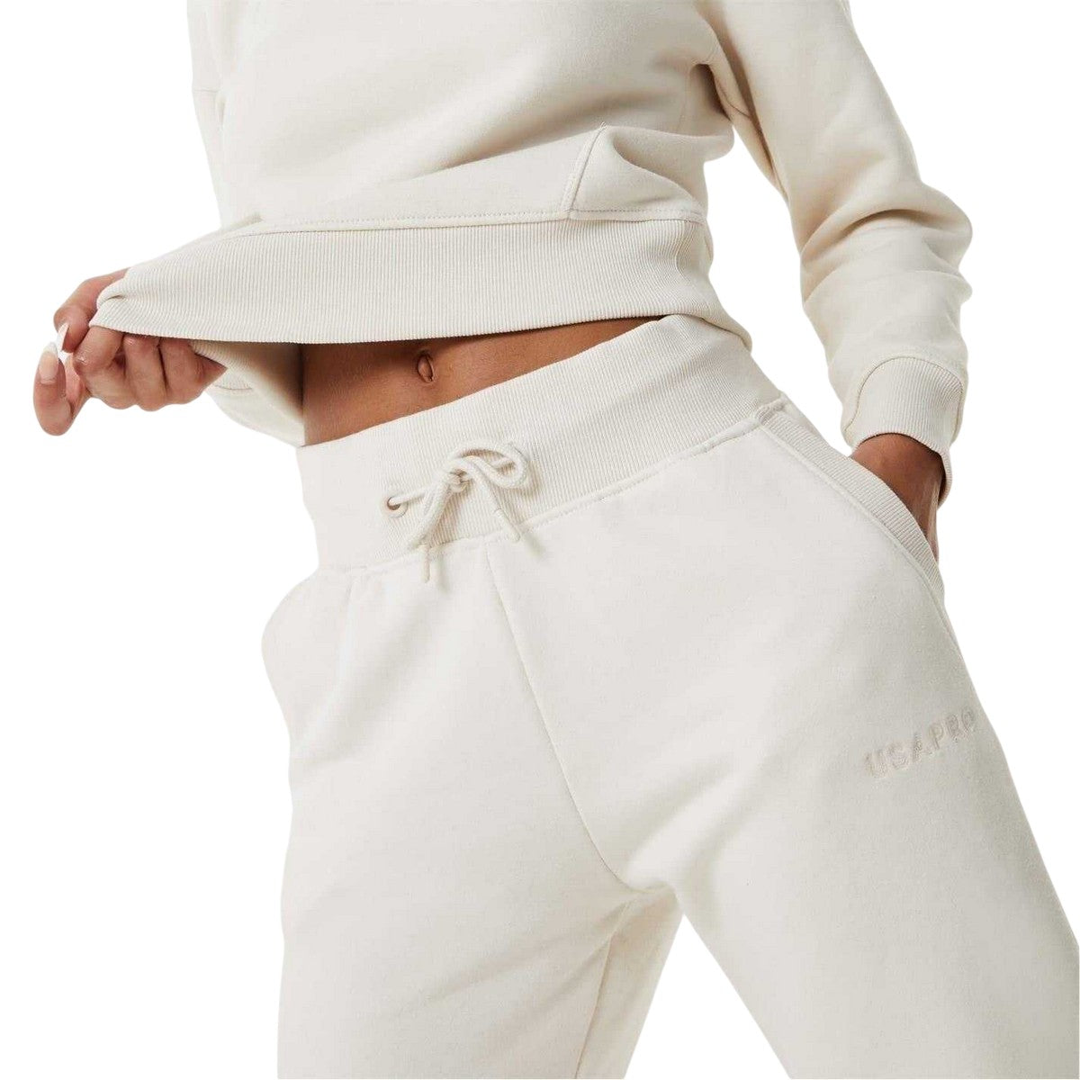 Cream - Side - USA Pro Womens-Ladies Cotton Blend Adjustable Waist Classic Joggers