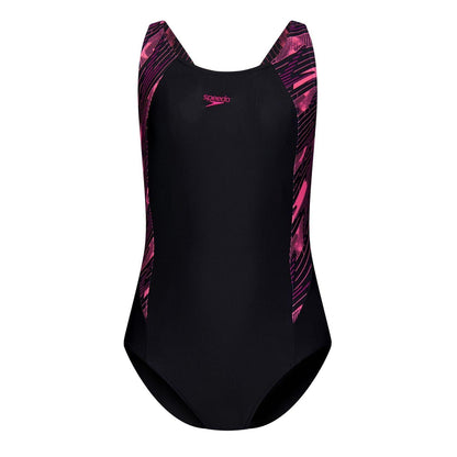 Black-Pink - Front - Speedo Girls Hyperboom Splice Shattered One Piece Swimsuit