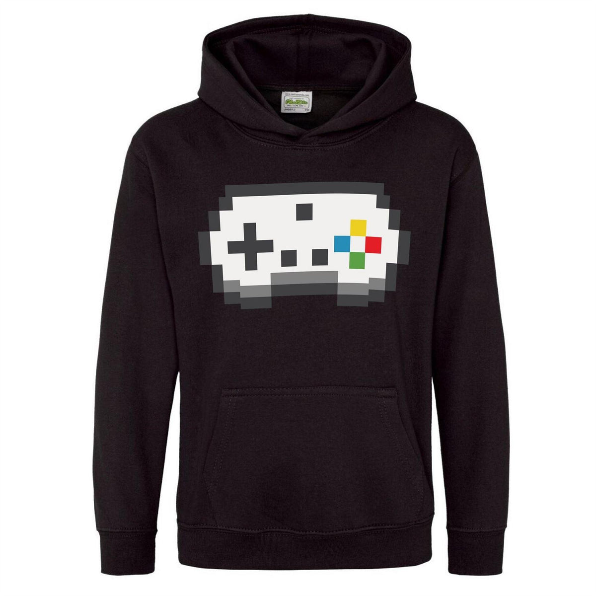 Black - Front - AWD Childrens-Kids Retro Gaming Controller Drawstring Hoodie