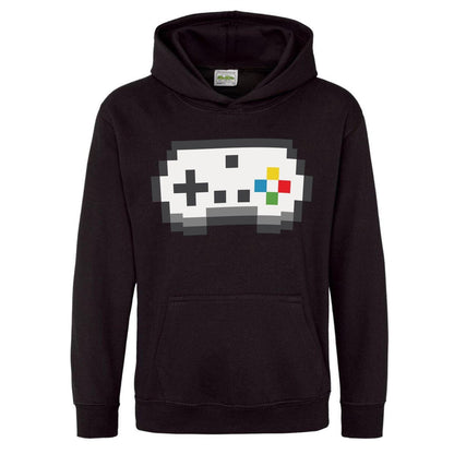 Black - Front - AWD Childrens-Kids Retro Gaming Controller Drawstring Hoodie