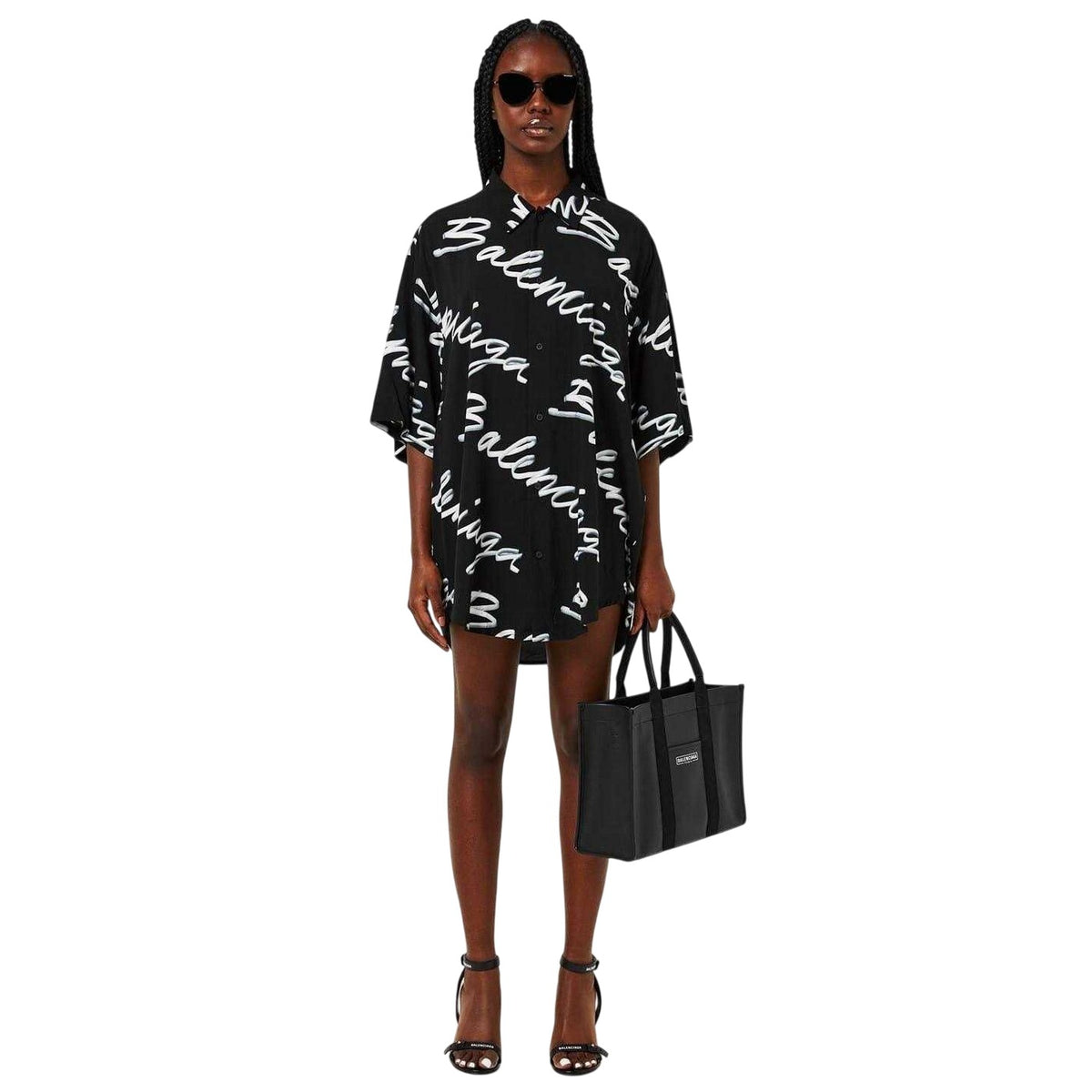Black - Side - Balenciaga Womens-Ladies Script Relaxed Fit Shorts