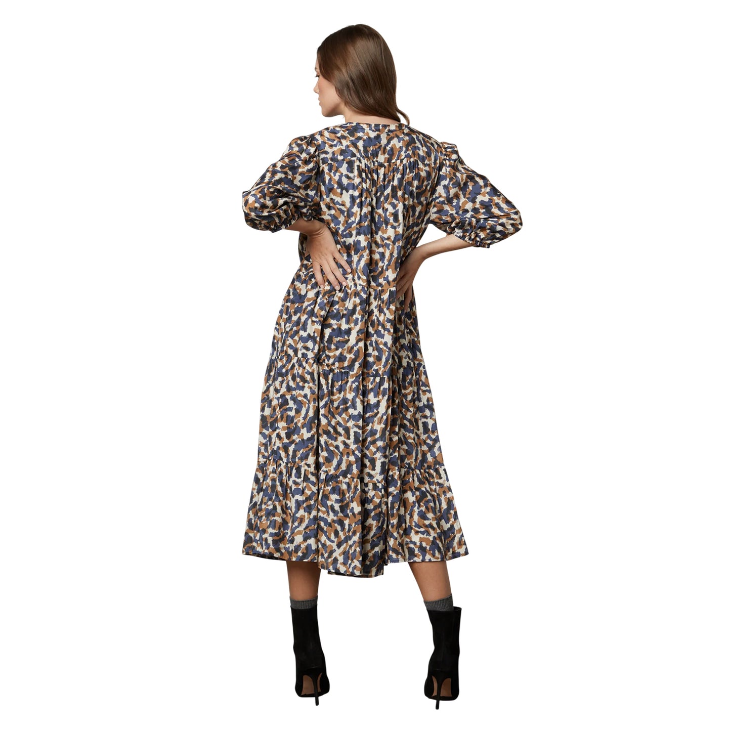 Sand - Back - Velvet by Graham & Spencer Womens-Ladies Abstract V Neck 3-4 Sleeve Midi Dress