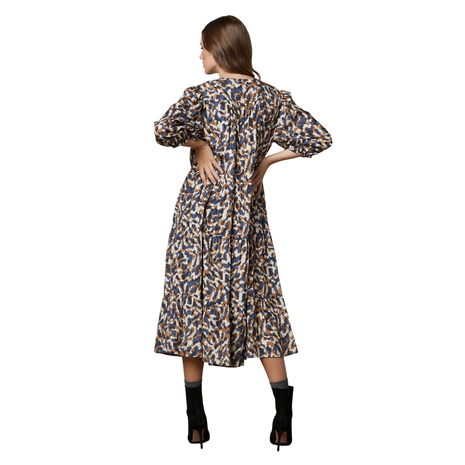 Sand - Back - Velvet by Graham & Spencer Womens-Ladies Abstract V Neck 3-4 Sleeve Midi Dress