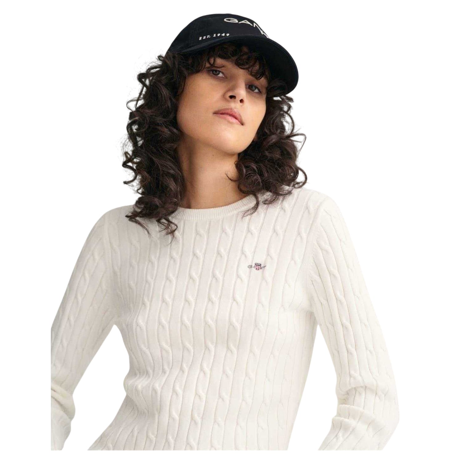 Eggshell - Side - Gant Womens-Ladies Cable Knit Cotton Crew Neck Pullover