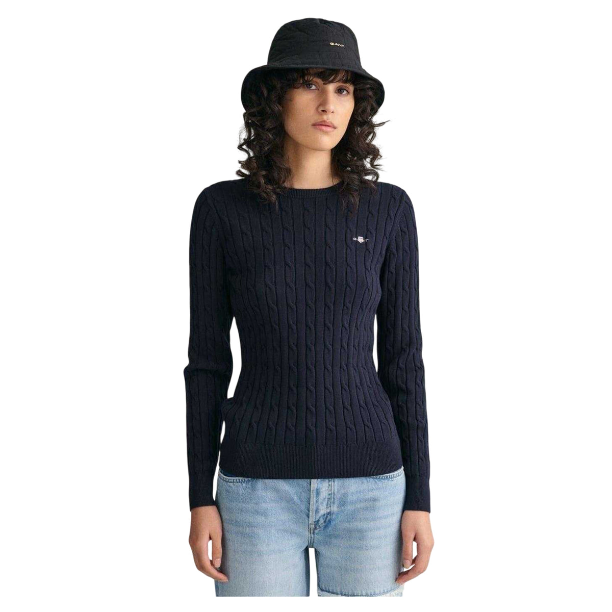 Evening Blue - Front - Gant Womens-Ladies Cable Knit Cotton Crew Neck Pullover