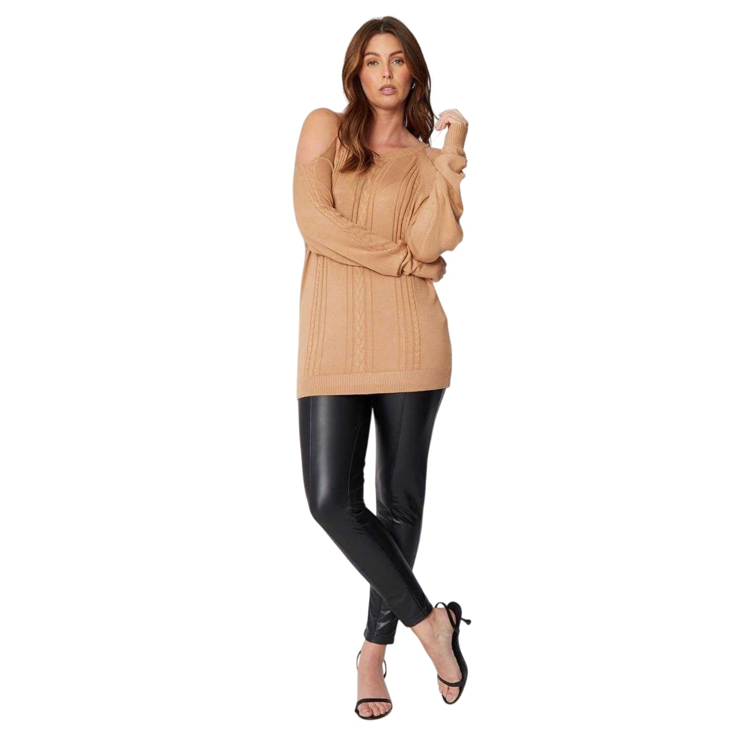 Camel - Lifestyle - Be You Womens-Ladies Fine Knit Cold Shoulder Jumper