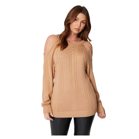 Camel - Front - Be You Womens-Ladies Fine Knit Cold Shoulder Jumper