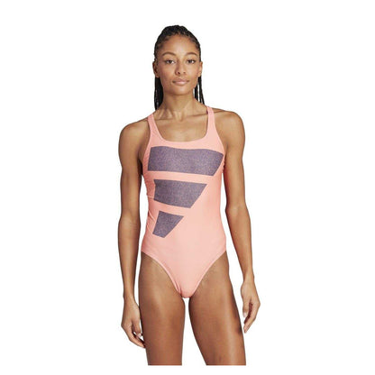 Coral-Navy-White - Side - Adidas Womens-Ladies Bar Logo Performance One Piece Swimsuit