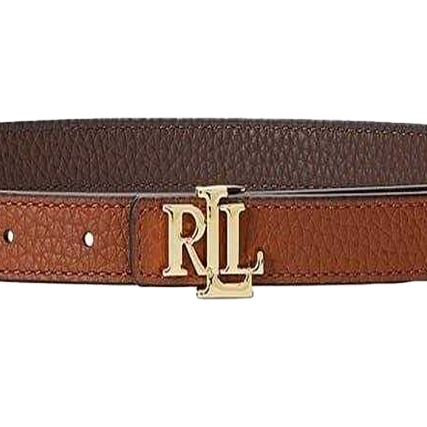 Chocolate-Tan - Side - Ralph Lauren Womens-Ladies Monogram Leather Belt